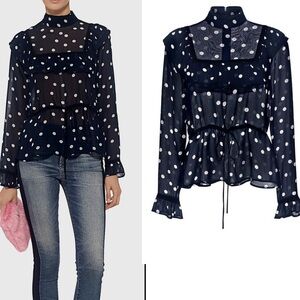 Ganni Marceau Georgette Polka Dots Ruffle High Mock Neck Midnight Blue